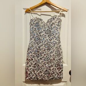 As U Wish White Sequin Strapless Mini Dress with Silver & Blue Accents
